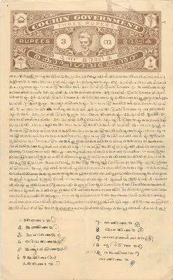 Carte postale avec billet de trois roupies du gouvernement de Cochin — éditeur inconnu, n° de série non visible