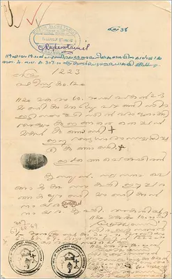 Carta postal de Cochin — selo de 4 annas — correspondência manuscrita — Verso