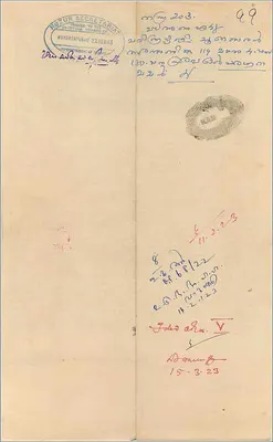 Regierung von Cochin — acht Annas — Banknote mit handschriftlicher Korrespondenz — Rückseite