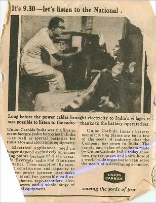 Publicidade Union Carbide India — Rádio e baterias — editor Union Carbide India — Verso
