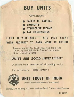 Publicidade para as unidades do Unit Trust of India — Bombay Life Building, 45, Veer Nariman Road, Bombay — Verso