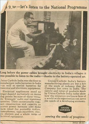 Reklama Union Carbide India — słuchaj programu narodowego — 1961 — Rewers