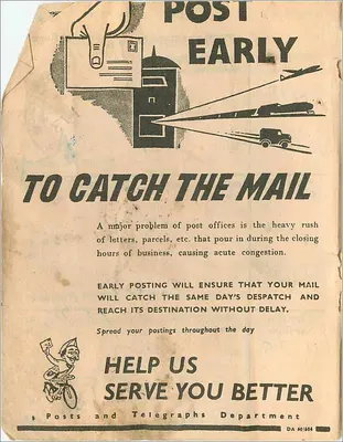 Publicidade postal indiana — 'Post Early' e 'Renew Early & Avoid the Queue' — Posts and Telegraphs Department — Verso
