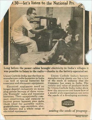 Publicidade Union Carbide India — baterias e equipamentos — editor Union Carbide, n° JWTUC 1981AR-1 — Verso