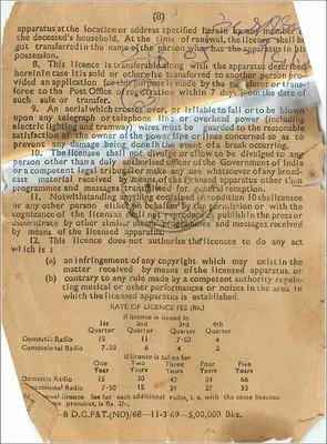 Licença de recepção de rádio — condições e tarifas — Índia, 1933 — Verso