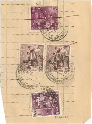 Carta postal indiana — selos e carimbo de Saharanpur — editor não visível — Verso