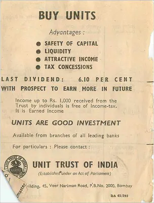 Publicidade para as Unidades do Truste da Índia — Unit Trust of India — editor: Unit Trust of India, Bombay — Verso