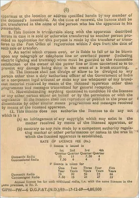 Licença de rádio doméstica — Índia — editor GIPN-FW-6 D.G.P.&T.(N.D.) — Verso