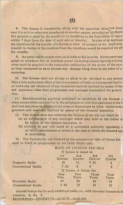 Licencja na odbiór radiowy — Indie — 1933 — B.R.L.E.E.S. (Biuro Radiodiffuzji i Telegrafii) — Rewers