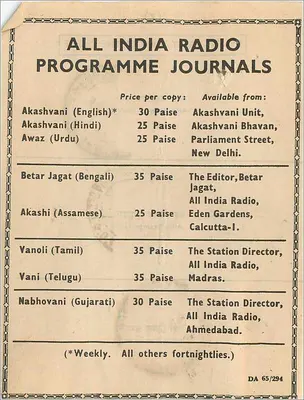 Publicidade para os jornais de programas da All India Radio — editor Akashvani Unit, Nova Deli — Verso
