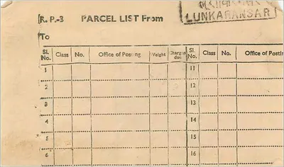 Lunkaransar — Lista przesyłek — Biuro pocztowe indyjskie — Rewers
