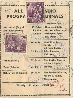 Karta reklamowa dla programów radiowych All India Radio — wydawca Akashvani Unit, Nowy Delhi — Rewers