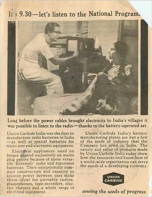 Publicidade Union Carbide — Rádio e baterias — Índia — editor Union Carbide — Verso
