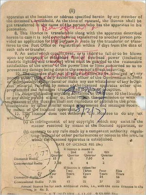 Licença de recepção de rádio — Índia — editor: Post Office, Bombay — Verso