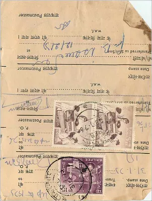 Carta postal indiana — selos de 15 rupias — carimbo de renovação de selo em B.F.L.F.E.E. — verso com inscrição manuscrita e carimbo de transferência — Verso