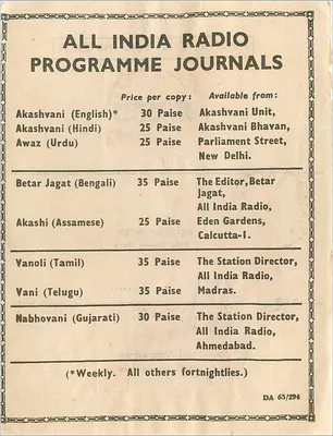 Carta postal publicitária para os programas da All India Radio — editor Akashvani Unit, Nova Deli — Verso