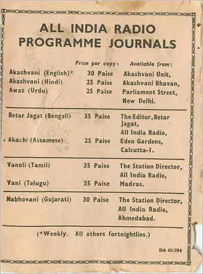 Carte postal publicitária para os jornais da All India Radio — editor All India Radio, n° DA 65/294 — Verso