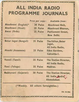 Carta postal publicitária para os jornais da All India Radio — editor All India Radio, n° DA 65/294 — Verso