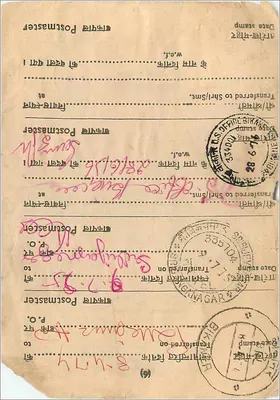 Carta postal da Índia — selos B.R.L.FEE — transferência postal para Shri/Sme — Verso