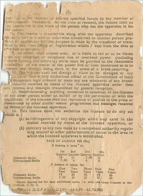 Carte postal indiana — selos de radiotelefonia — condições de licença — Verso