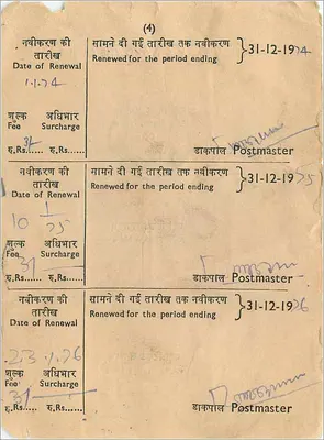Carta postal indiana — selos e renovação de taxas — Bikaner — Verso