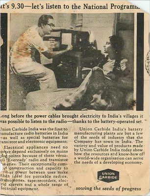 Publicidade para Union Carbide India — emissão de rádio — editor Union Carbide — Verso