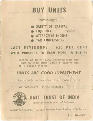 Publicidade para as unidades do Unit Trust of India — Bombaim — Verso