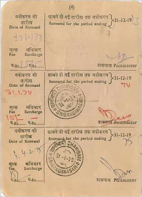 Renovação da taxa postal em Shigangabad — India Post — Verso