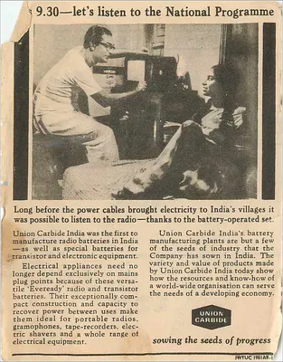 Publicidade Union Carbide — Rádio e baterias — Índia — editor Union Carbide — Verso