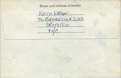Karta pocztowa wysłana do społeczności Abbey National Building Society w Manchesterze — Urmston, 20 stycznia 1969 — Rewers