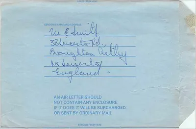 Lettre aérienne de Leicester — 29 juillet 1968 — éditeur Royal Mail, n° de série non visible — Verso
