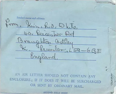 Carta aérea de Leicester — 25 de junho de 1968 — editor não visível — Verso