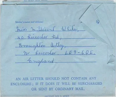 Broughton Atley — Miss Milliecent White — carta aérea para Concord, New Hampshire — Verso