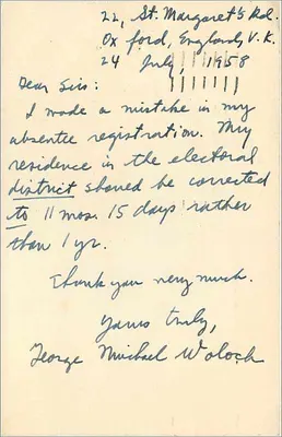 Oxford — Karta pocztowa datowana 24 lipca 1958 — wydawca 'POST CARD' z znakami pocztowymi — Rewers
