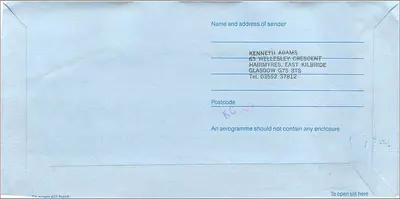 航空葉書 — 出版社 Royal Mail — 出版社 Kenneth Adams, グラスゴー — 裏面