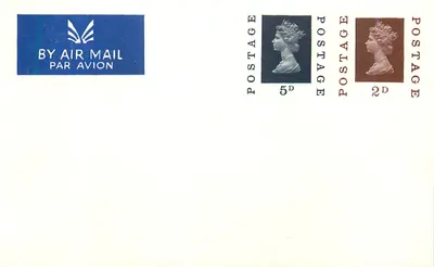 Carta postal aérea britânica — selos 5d e 2d — editor não visível