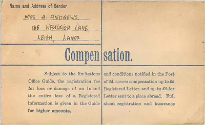 Carta postal registrada — Westleigh, Lancashire — editor não visível — Verso