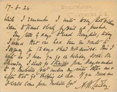 Strathaven, St. Andrews, N.B. — carta postal datada de 17 de agosto de 1924 — editor não visível — Verso