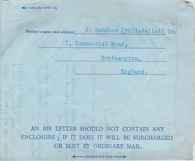 Aérogamme wysłany z Southampton, Wielka Brytania — J. Sanders (Philatéliste) Ltd — dla pana Leland D. Baker, Filadelfia, Pensylwania, Stany Zjednoczone — Rewers