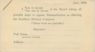 Cartolina elettorale sulla nazionalizzazione — Southern Railway Company — editore sconosciuto — Verso