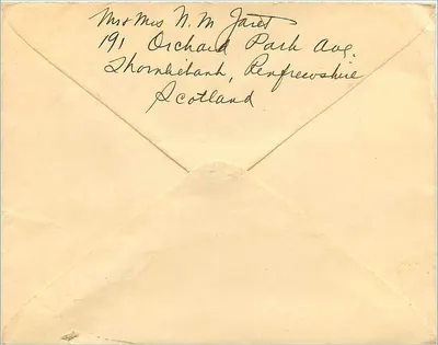 Carta postal enviada de Glasgow — selo de 3 h. 3 pence, datada 2 de novembro de 1939 — destinada à família Kramer em Long Island, EUA — Verso