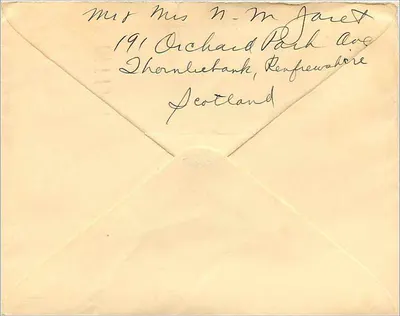글래스고 — 글래스고에서 미국 미들 빌리지로 발송된 우표 카드 — 3½ 페인스 품목과 1939년 10월 4일 우체국 도장이 있는 — 뒷면