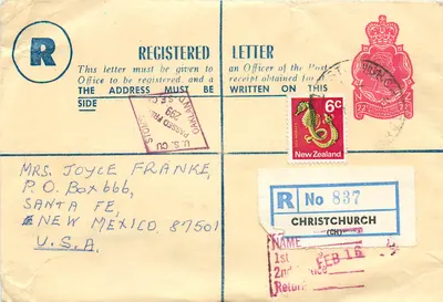 Carta postal internacional — Nova Zelândia — destinada a Santa Fe, Novo México — selo de 6c e carimbo de Christchurch