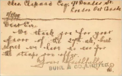 Carta postal de Londres — Union Postale Universelle — destinada ao Canadá — Verso