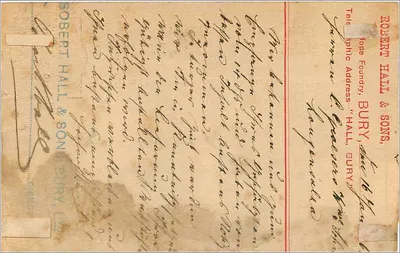 Bury (Inglaterra) — cartão postal de 1896 — editor Robert Hall & Sons — Verso