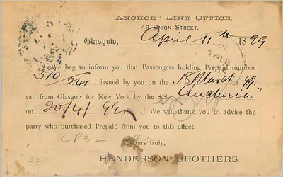 Escritório da Linha Anchor — Glasgow — aviso de viagem — Henderson Brothers — Verso