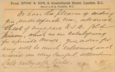 Carta postal de Nova Iorque — União Postal Universal — Spink & Son, Londres — Verso