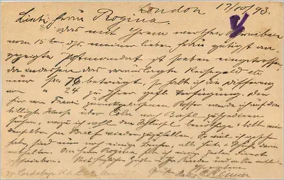 Londres — carta postal enviada em torno de 1893 — editor Union Postale Universelle, série 1 penny — Verso