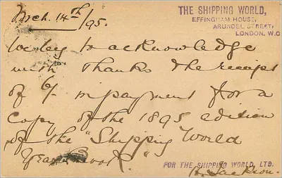 Cartão postal de Londres — recibo de pagamento — The Shipping World, Ltd. — Verso
