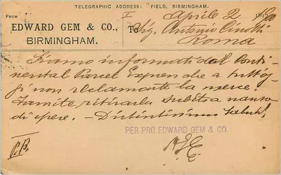 Birmingham — carta postal enviada para Roma — editor Edward Gem & Co. — Verso